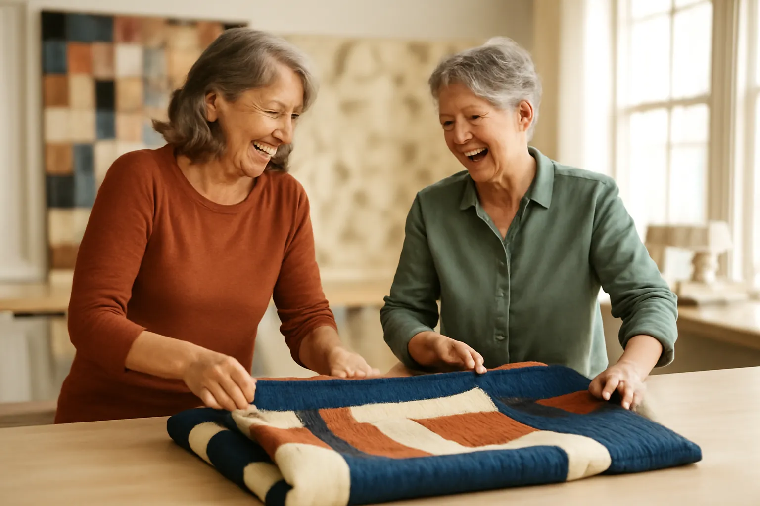 Two women laugh as they fold a navy, rust and cream quilt on a worktable in a bright quilting room