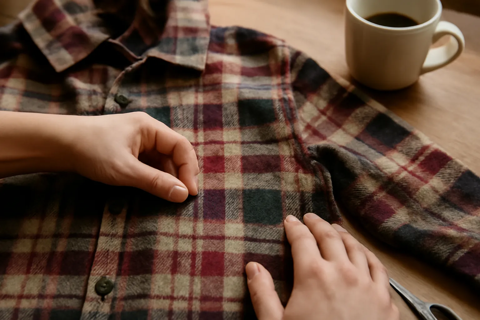 Hands smoothing a plaid flannel shirt laid flat on a wooden table, a cup of coffee beside it