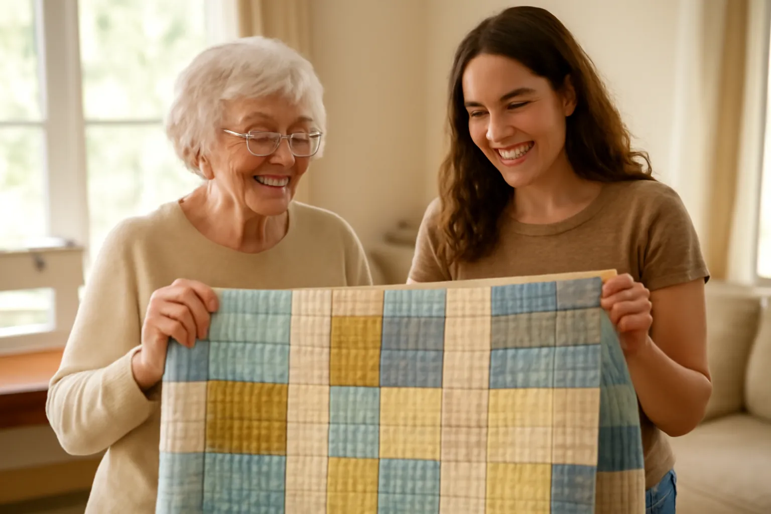 A grandmother and her granddaughter smiling as they hold up a finished patchwork quilt in blue, yellow and cream in a sunny living room