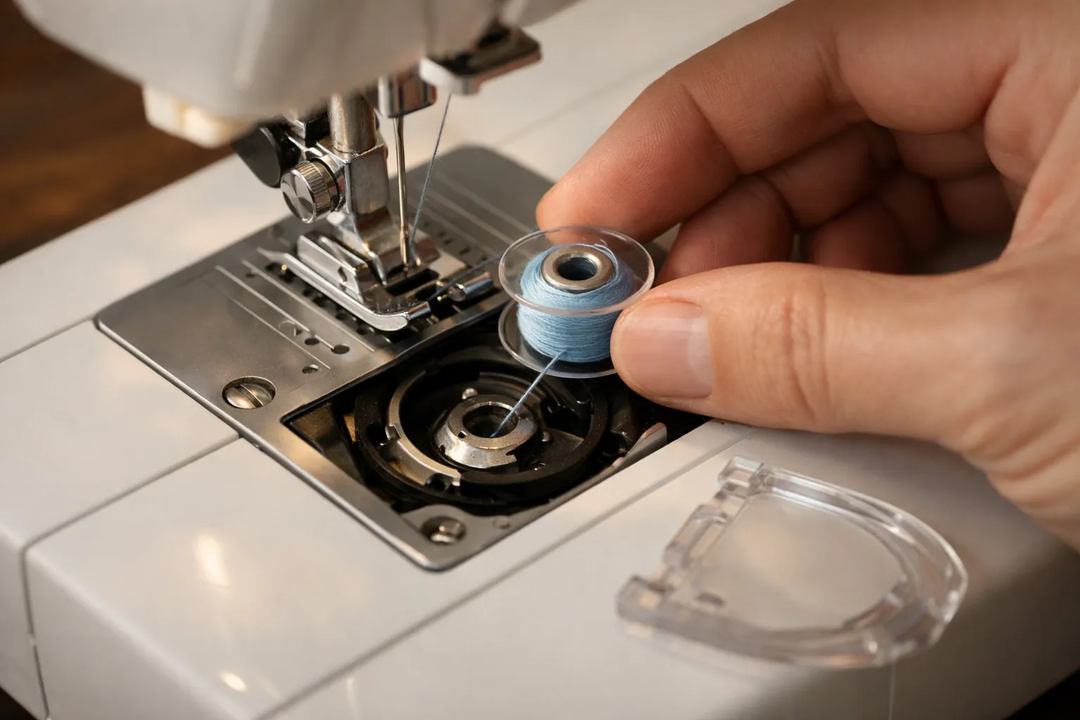 A hand placing a wound bobbin into a drop-in bobbin case