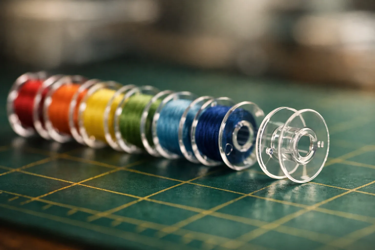 Clear plastic sewing machine bobbins wound with colored thread lined up on a cutting mat