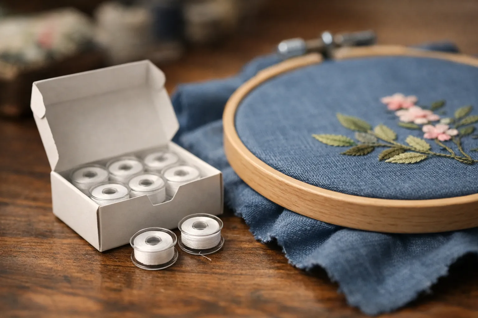 A box of white prewound bobbins beside an embroidery hoop
