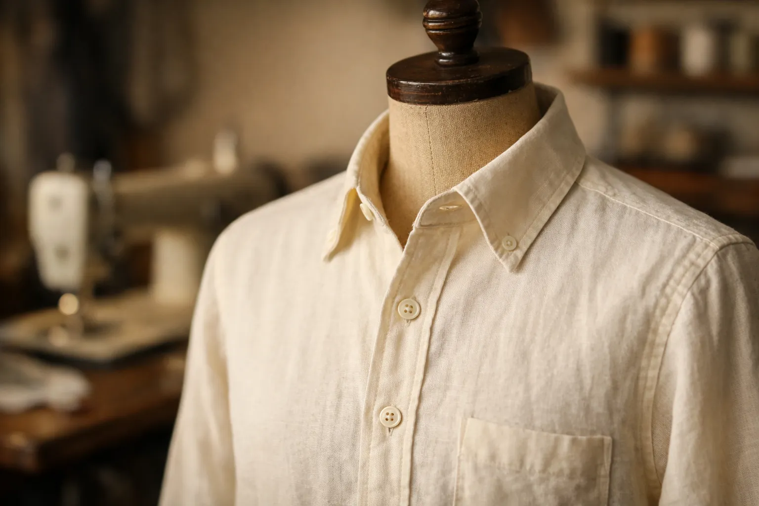 A handmade shirt with buttonholes on a dress form