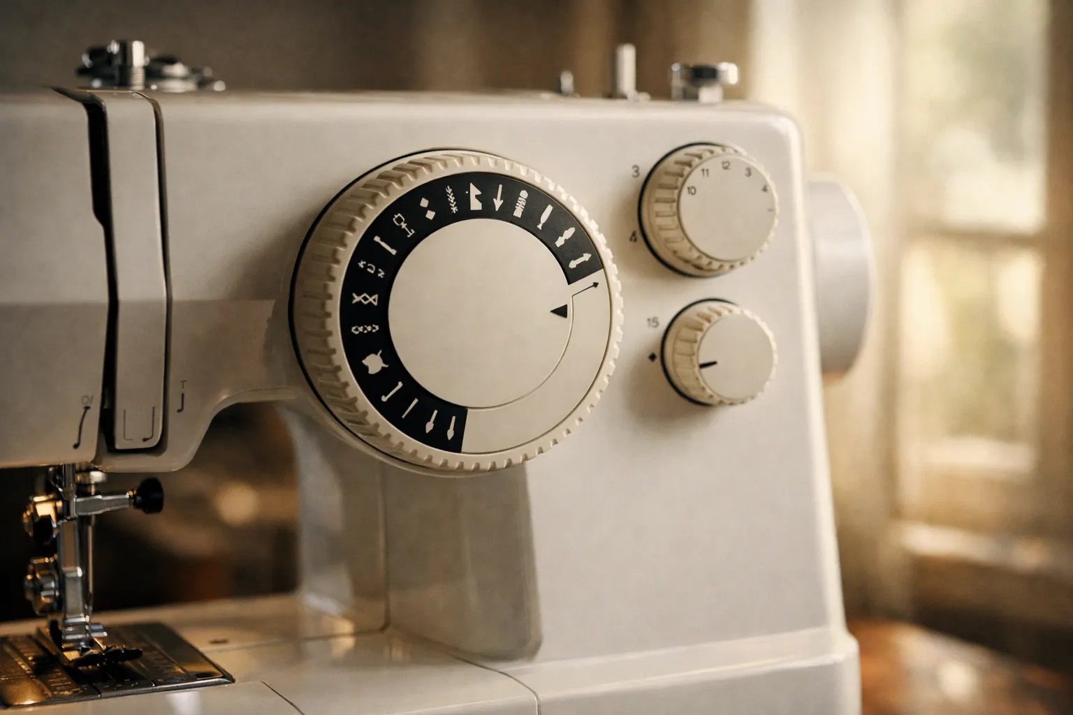 Stitch selection and adjustment dials on a mechanical sewing machine