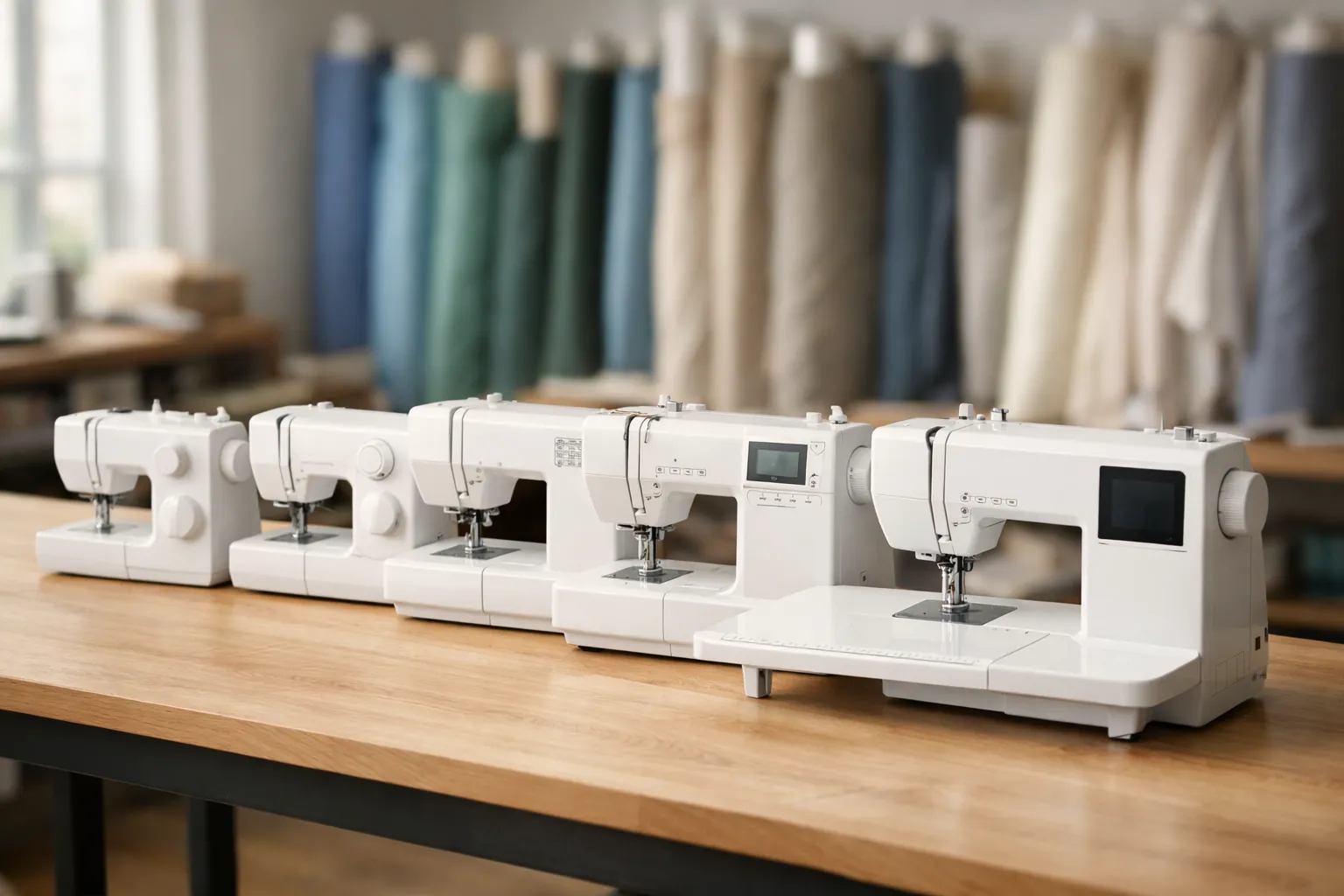 A row of white home sewing machines of different sizes lined up on a long sewing table