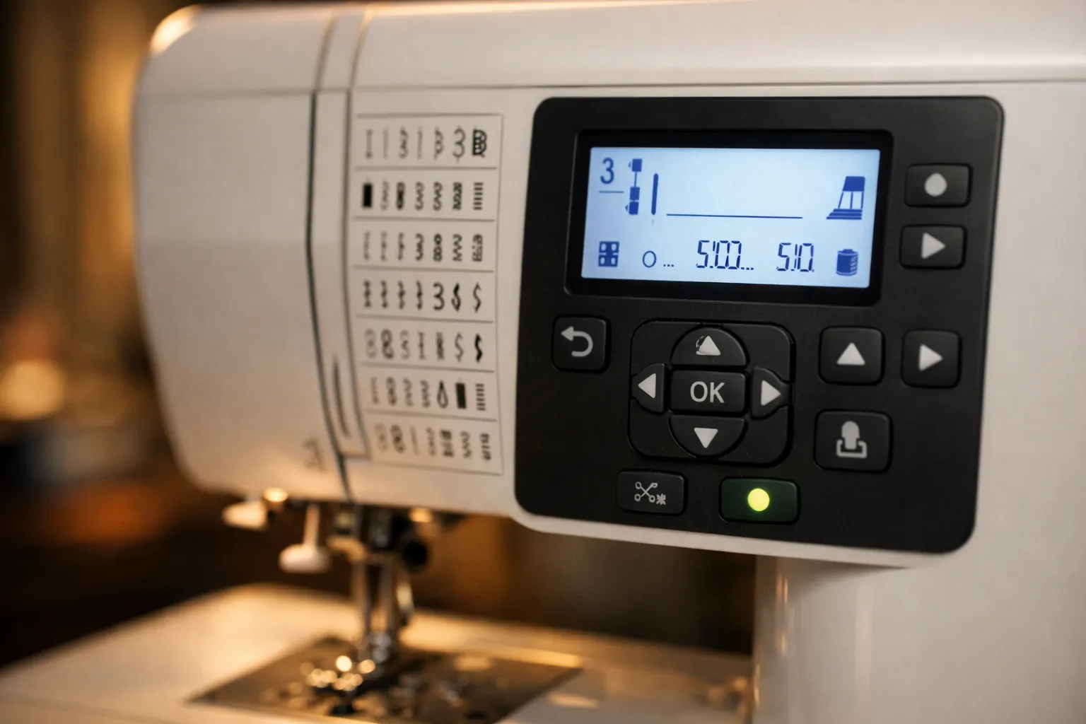 LCD screen and buttons on a computerized sewing machine