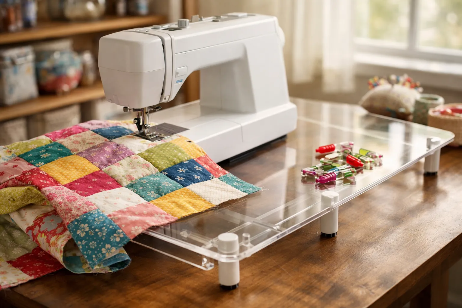 Sewing machine with a wide extension table supporting a quilt top