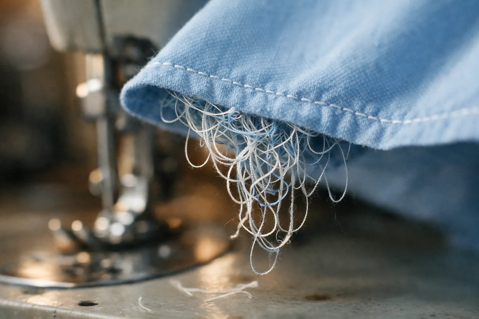 The underside of a cotton seam with a tangle of thread loops bunched beneath the stitches