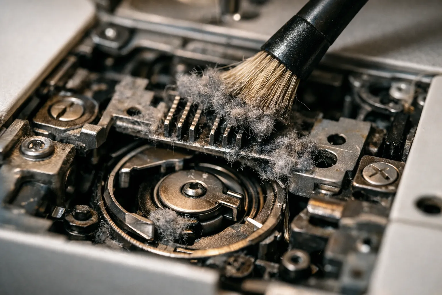 A small brush cleaning lint from a sewing machine's feed dogs and bobbin area
