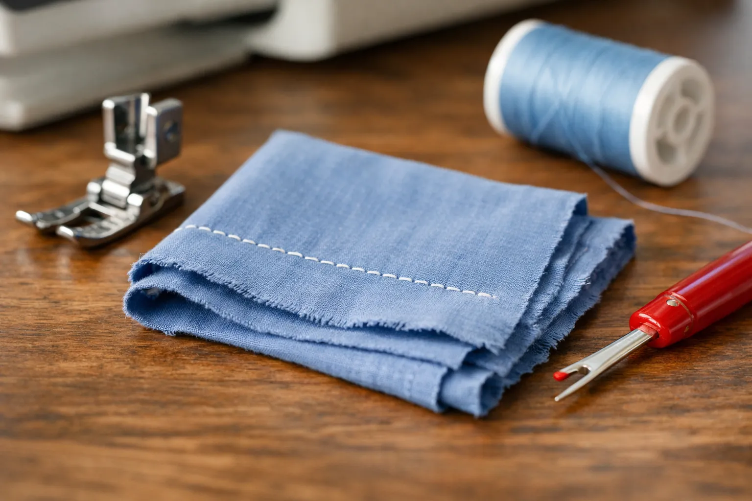 A scrap of cotton with a row of neat test stitches next to a presser foot