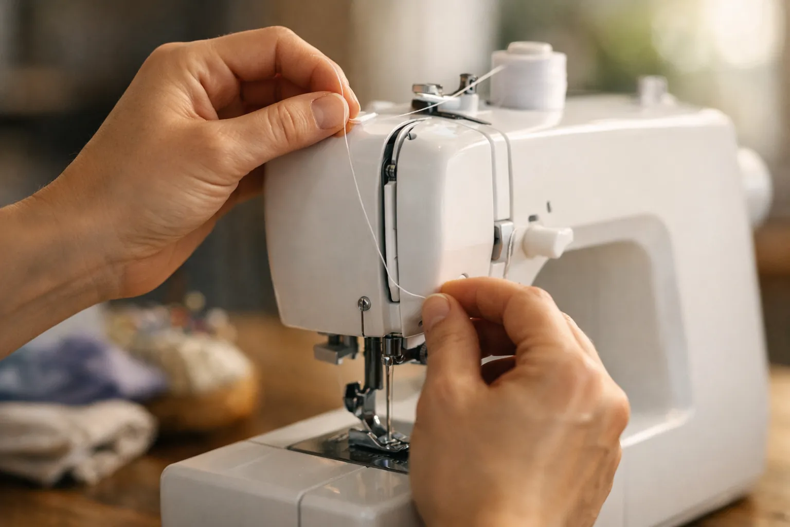 Hands rethreading the upper thread with the presser foot raised
