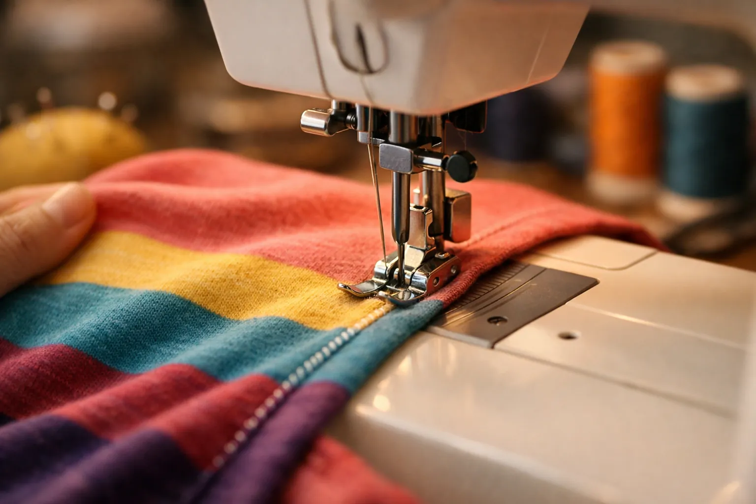 A knit T-shirt being sewn with a stretch stitch