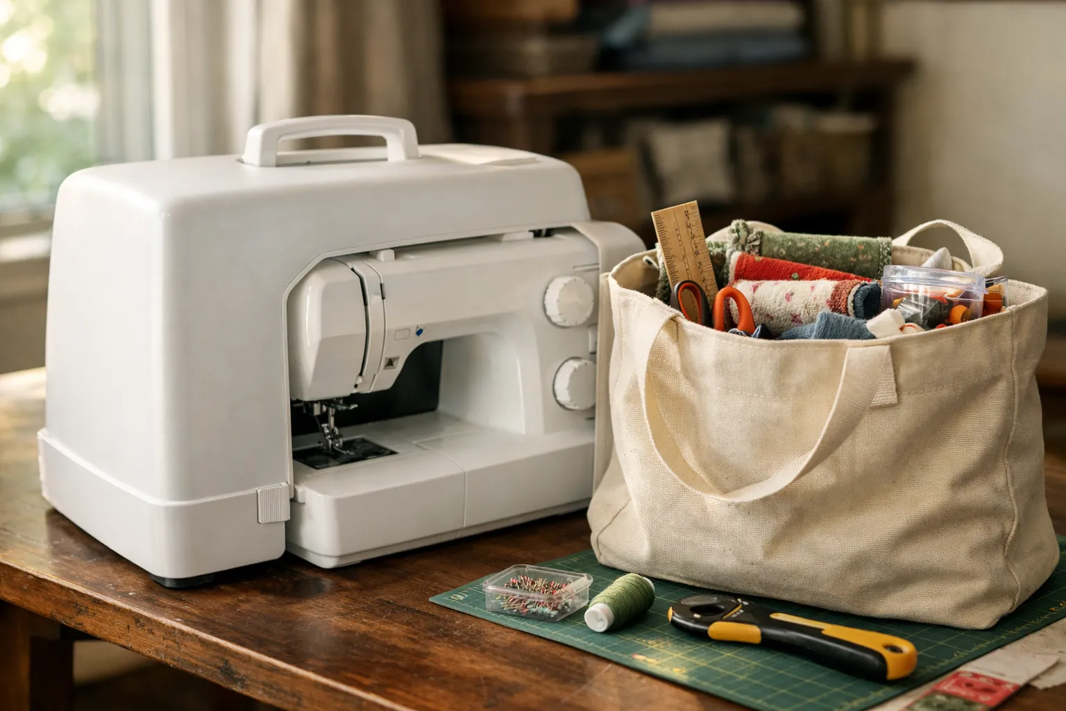 A sewing machine with its hard cover beside a bag of quilting supplies