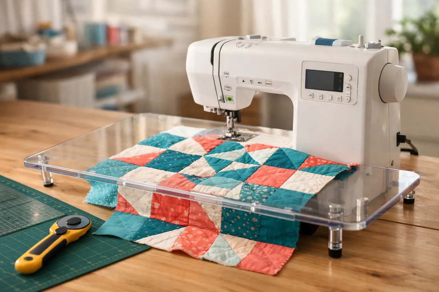 A white computerized sewing machine with a wide extension table and a quilt in progress