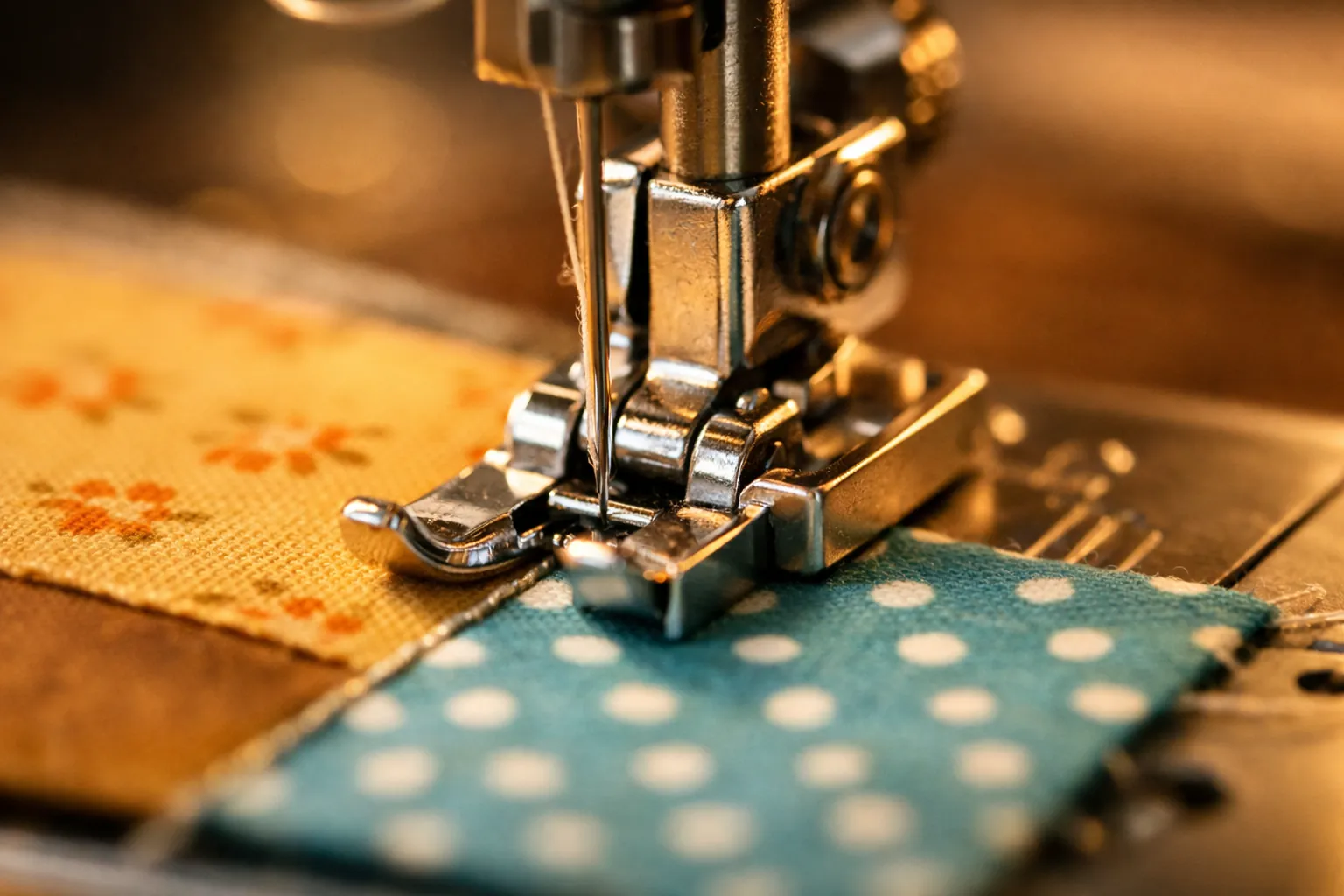 A quarter-inch piecing foot sewing two fabric squares together