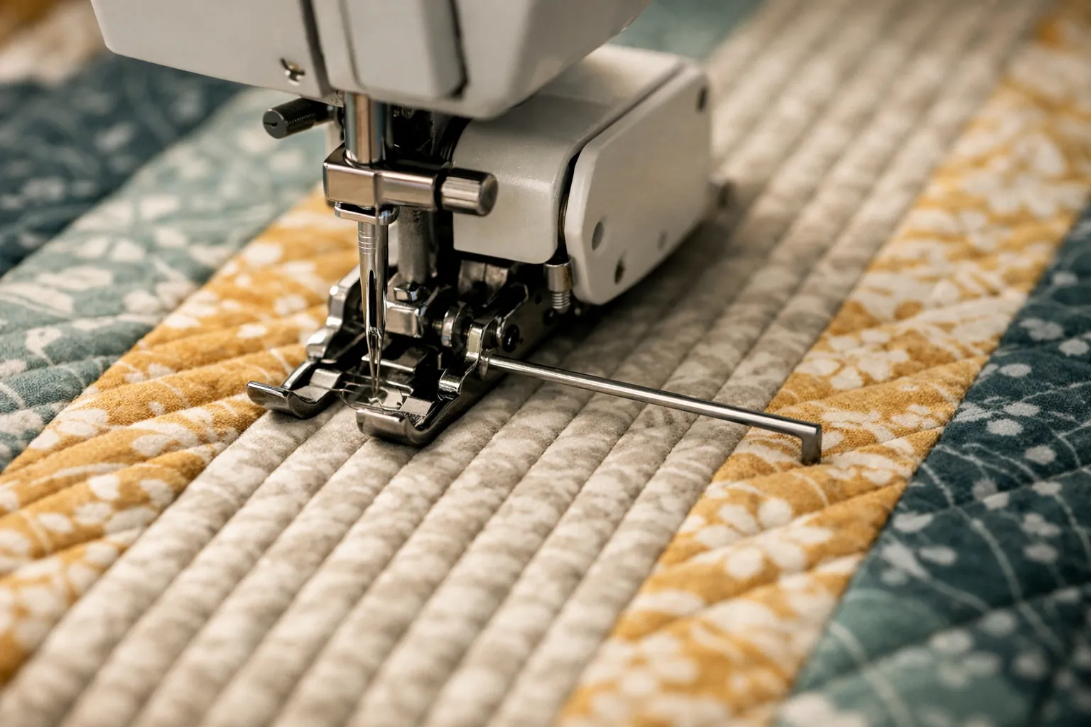 A walking foot with a quilt guide sewing evenly spaced lines