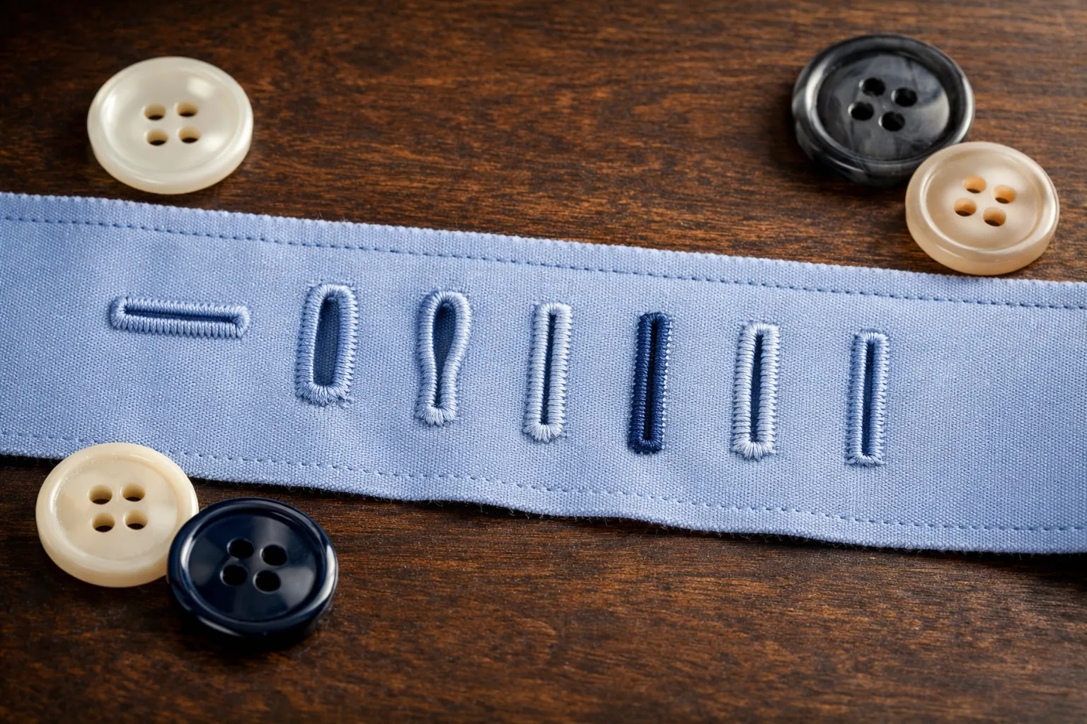 A row of machine-sewn buttonholes on shirting fabric