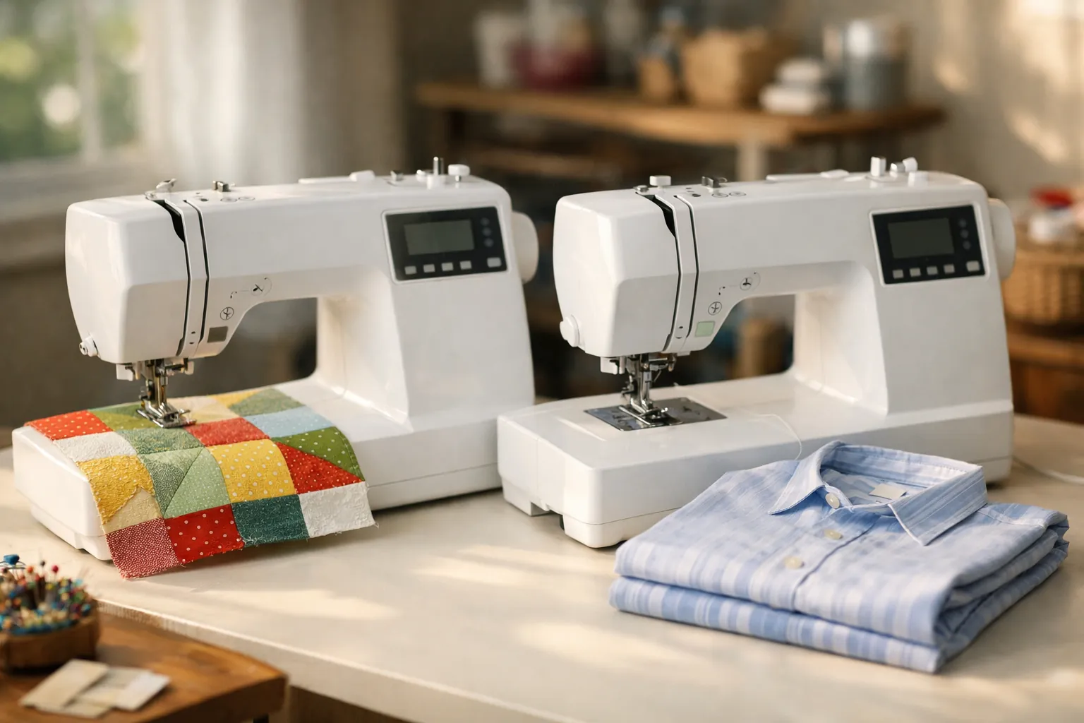 Two white computerized sewing machines side by side on a sewing table, one with a quilt and one with a folded shirt