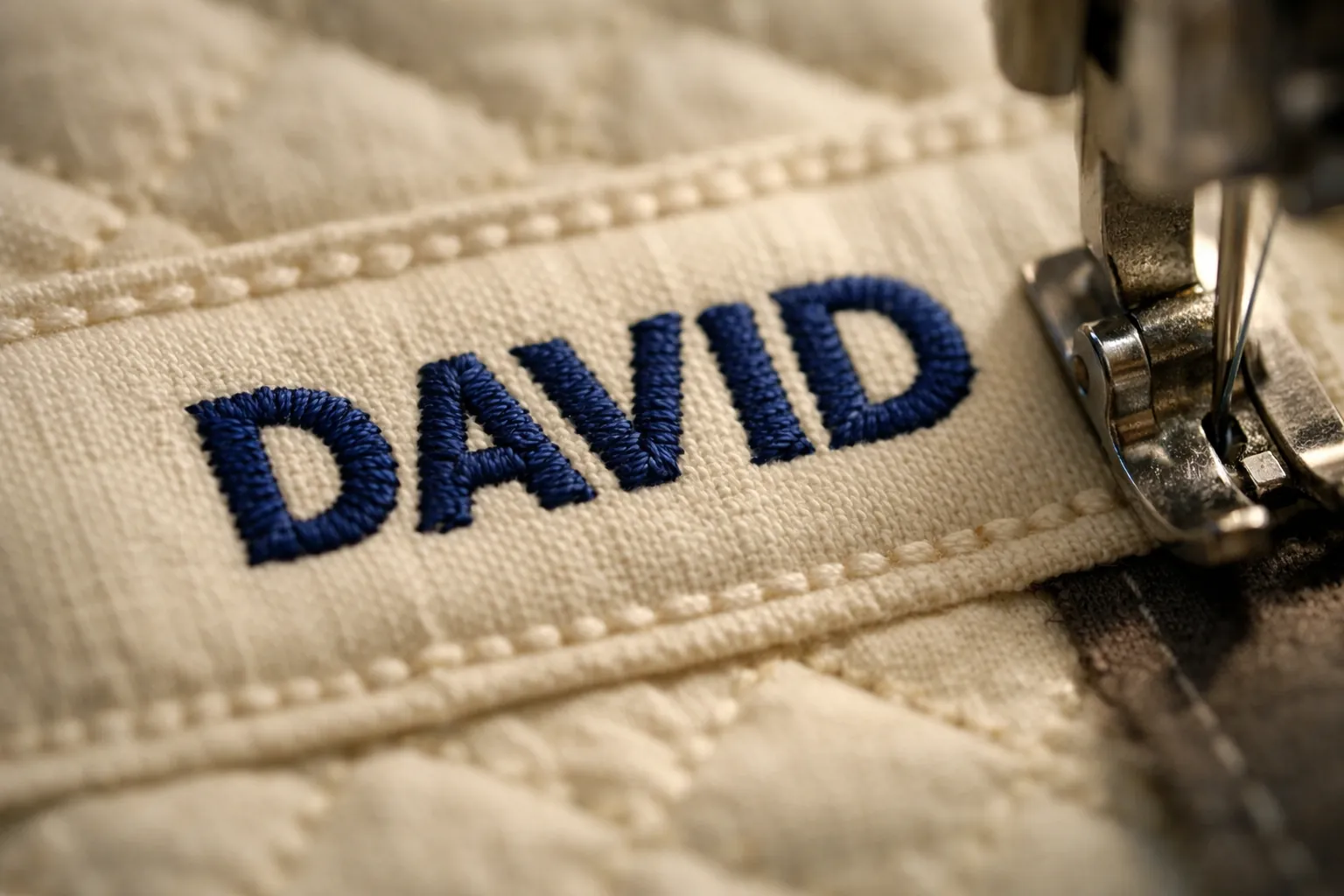 Machine-stitched block lettering on a quilt label