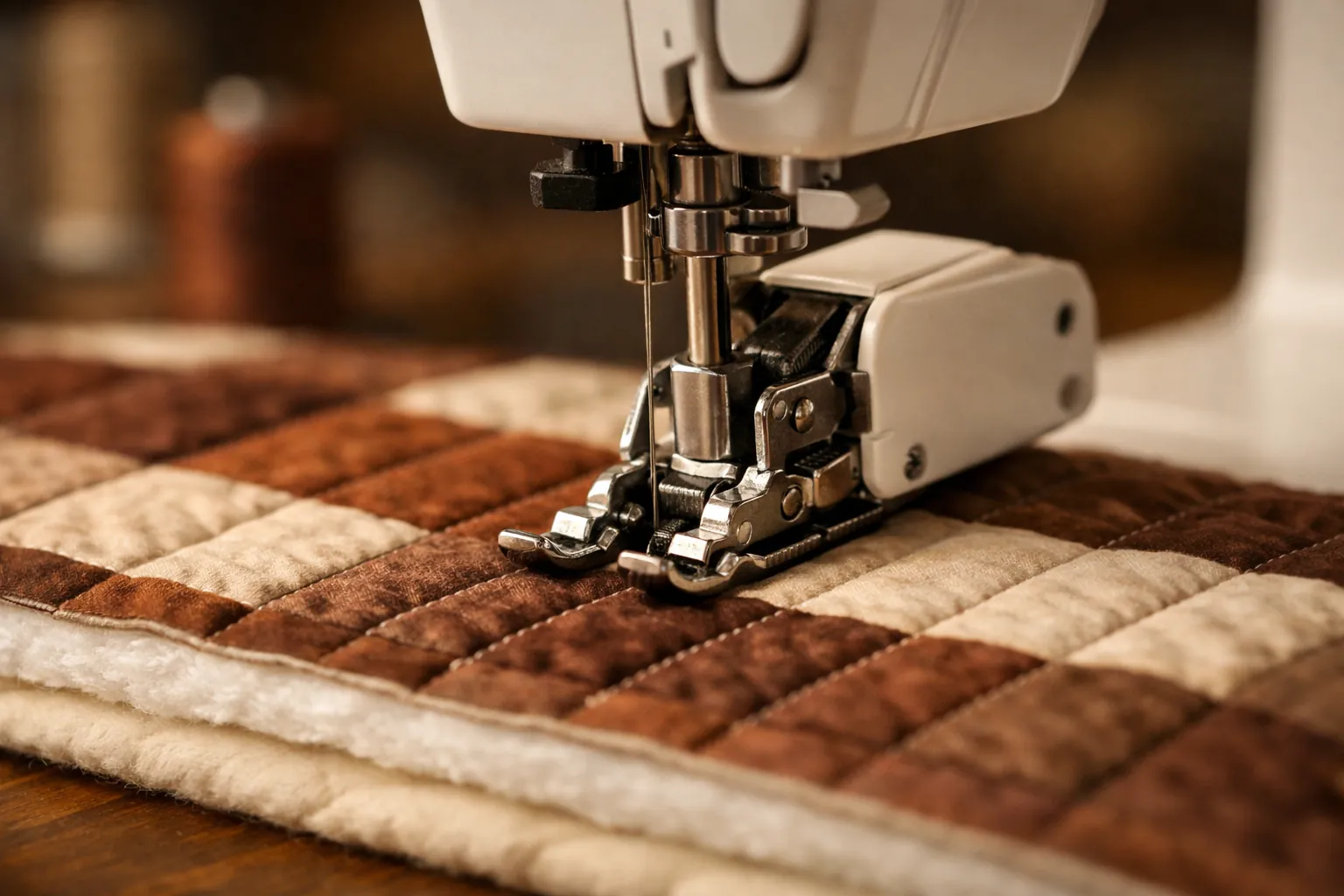 A walking foot stitching through a quilt sandwich
