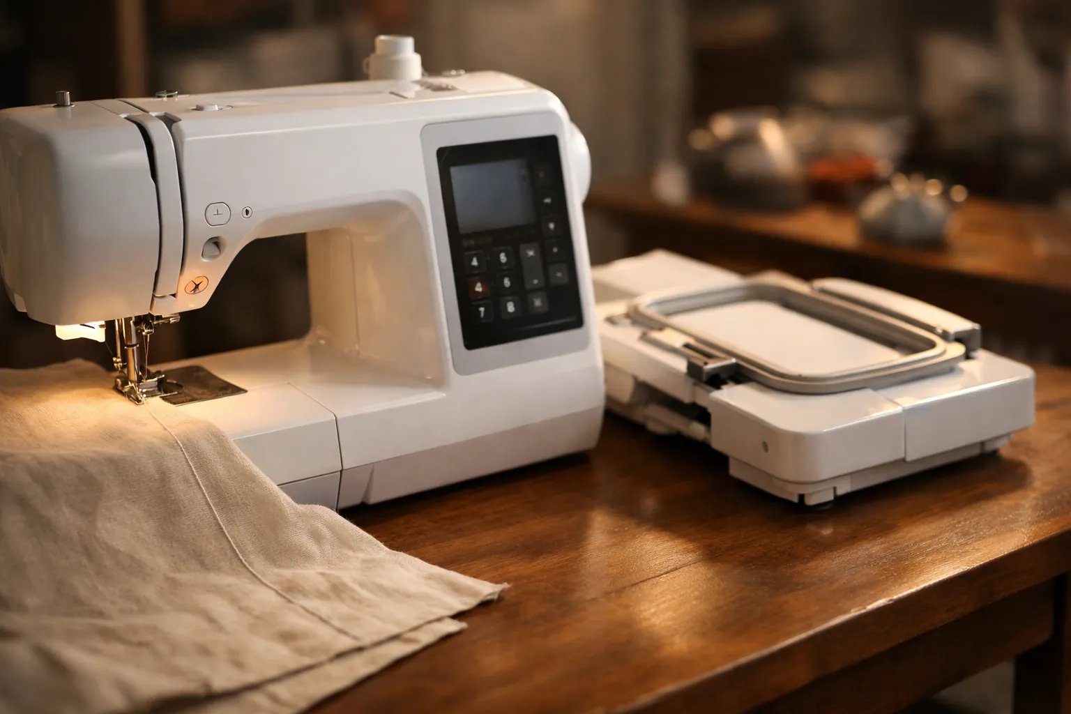 A sewing and embroidery machine sewing a seam with its embroidery unit set aside