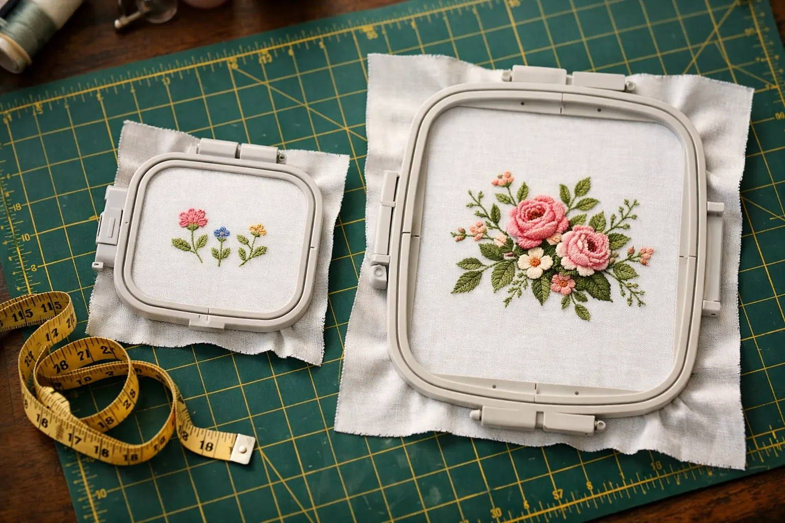 A small square embroidery hoop next to a larger rectangular hoop on a cutting mat