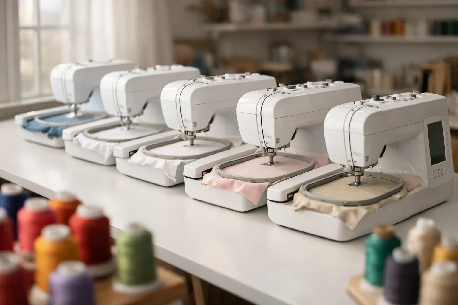 A row of white home embroidery machines on a long sewing table, each with a hoop attached