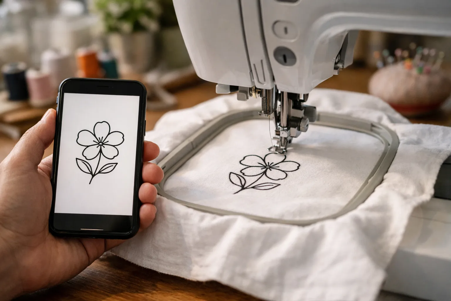 A phone showing a flower drawing next to an embroidery machine stitching it