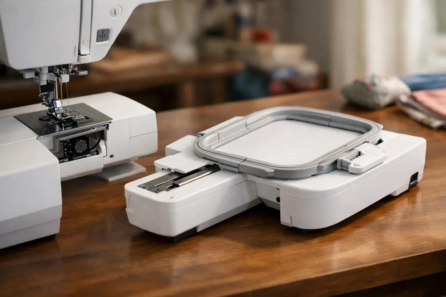 A detachable embroidery arm next to a sewing machine