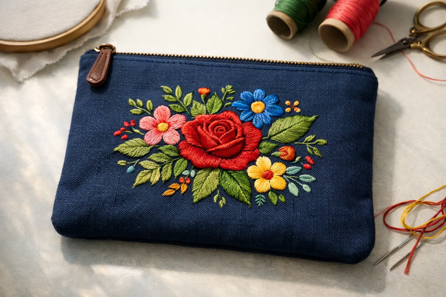 A colorful embroidered floral design on a canvas pouch