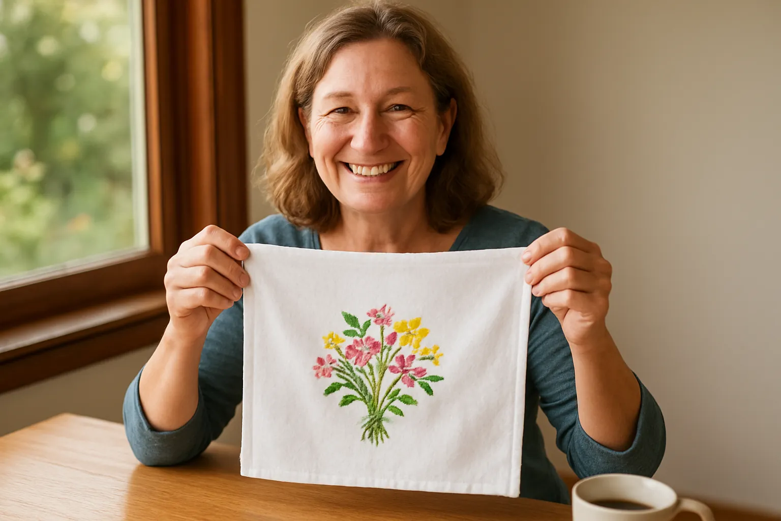 A smiling woman holding up a white tea towel embroidered with a bouquet of pink and yellow flowers