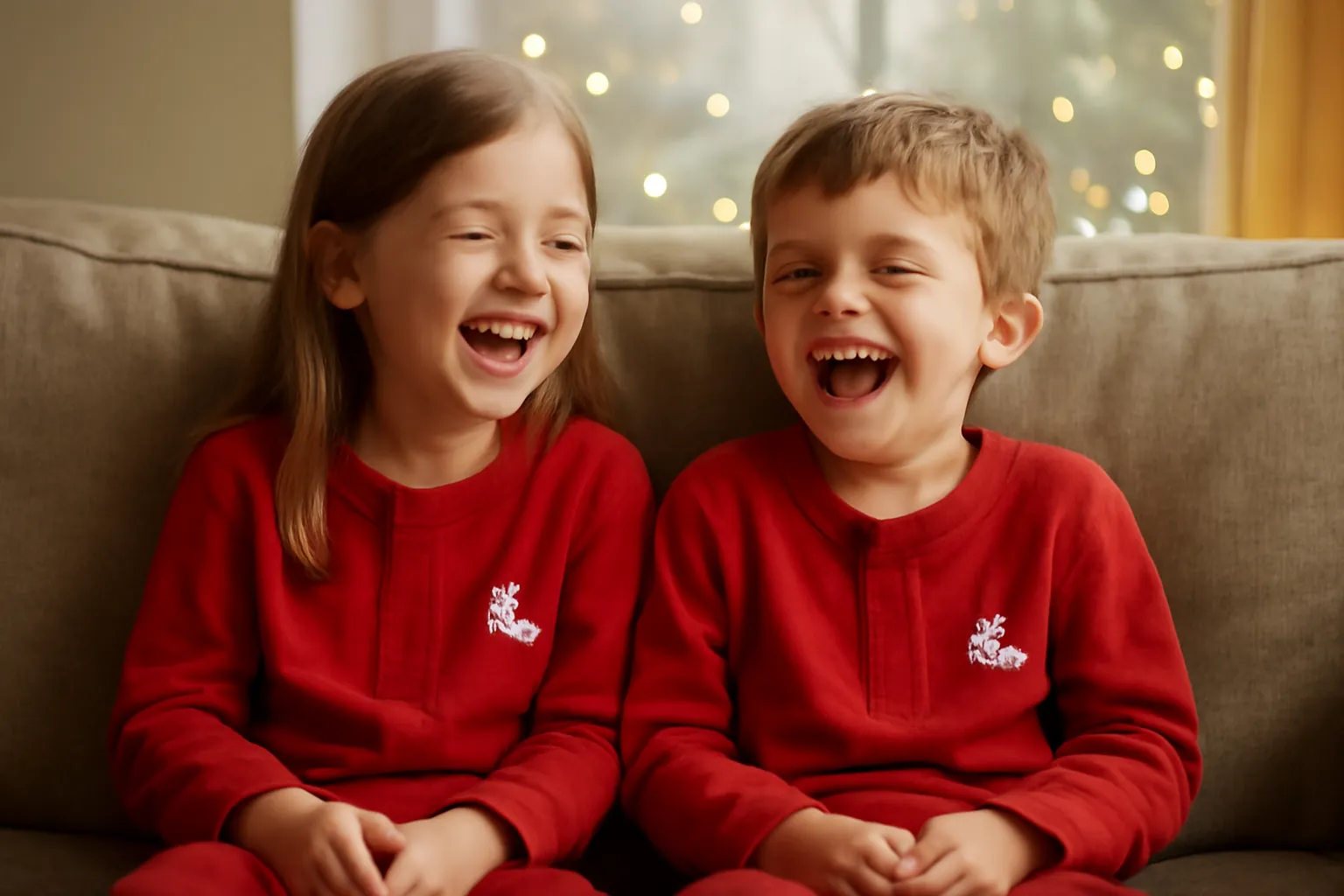 Two young children laughing on a couch in matching red pajama tops with a small white embroidered motif on each chest, holiday lights glowing in the window behind