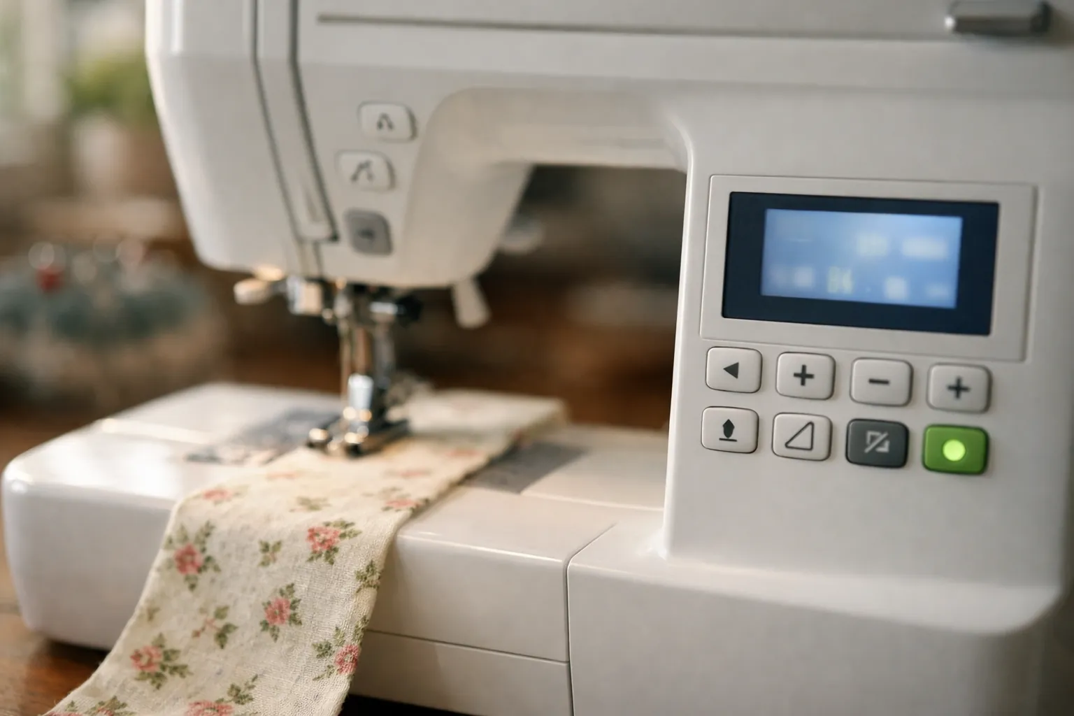 A computerized sewing machine's small display panel beside the needle area, with thread and fabric under the presser foot