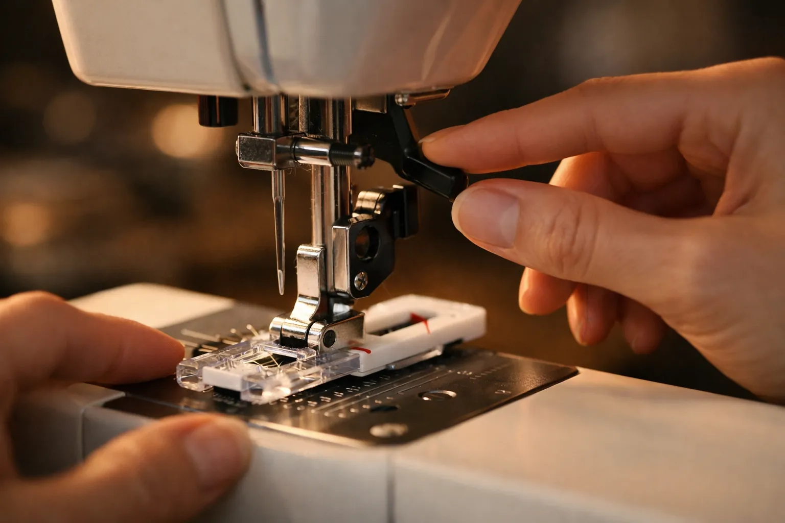 Hands lowering the presser foot lever on a home sewing machine with a buttonhole foot attached