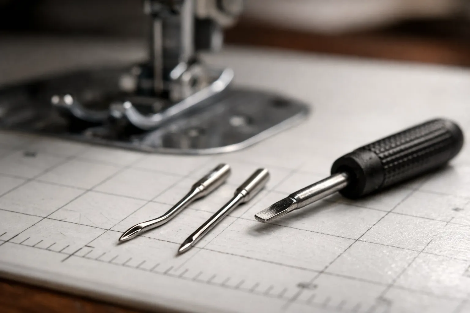 A bent sewing machine needle next to a straight new needle