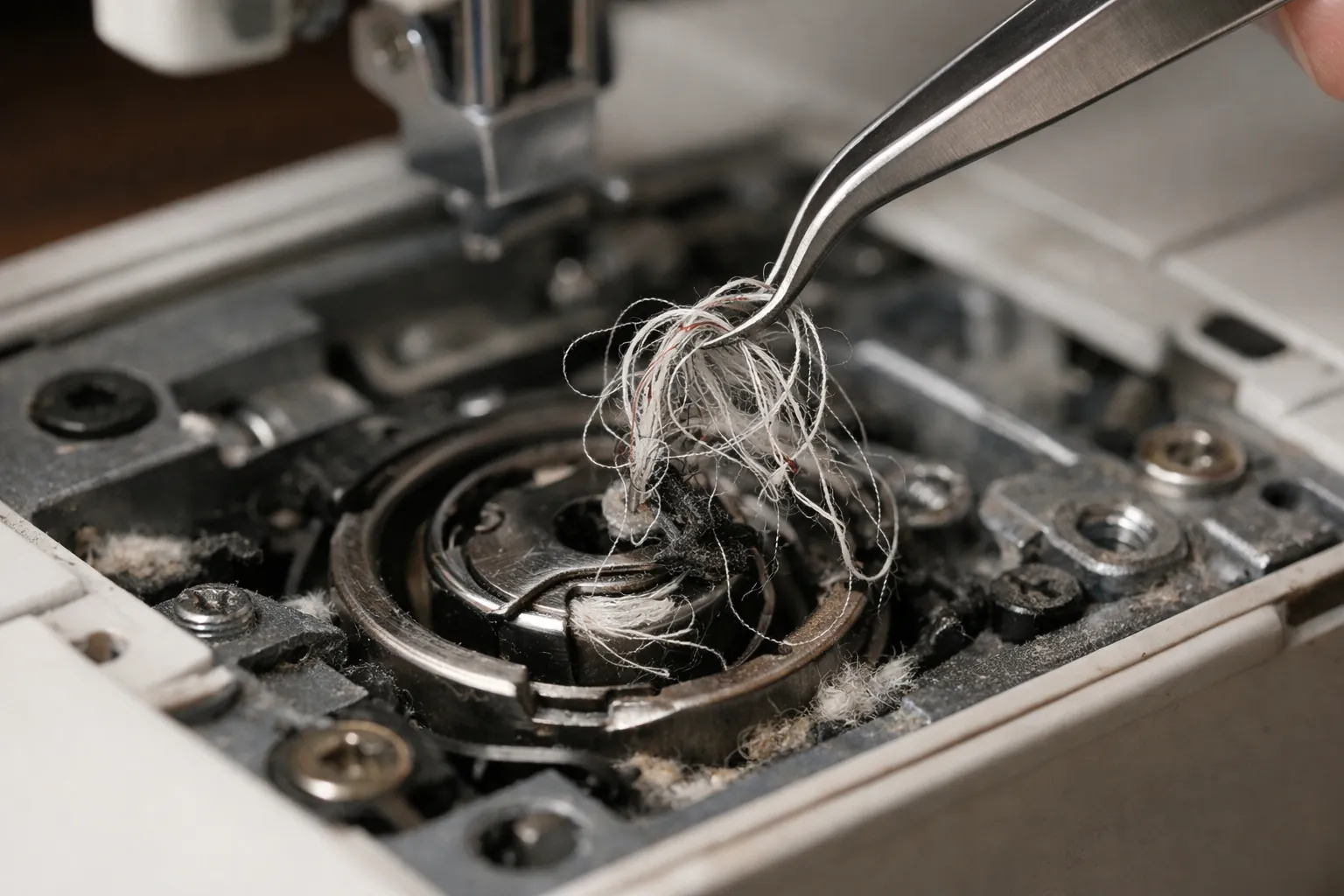 Tweezers lifting a nest of tangled thread from the bobbin area of a sewing machine