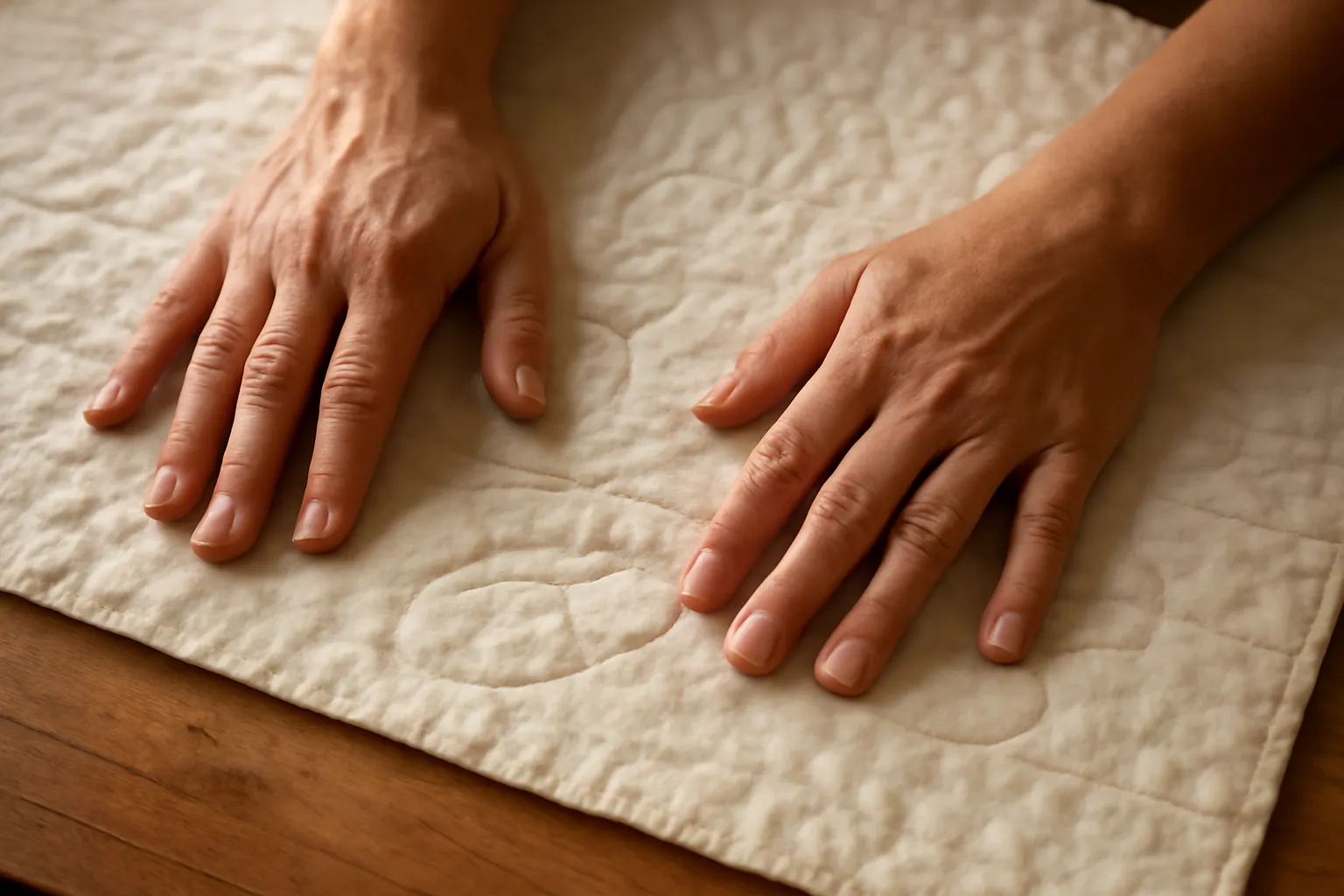 Two hands resting flat on a pale quilt with curving free-motion stitching between them