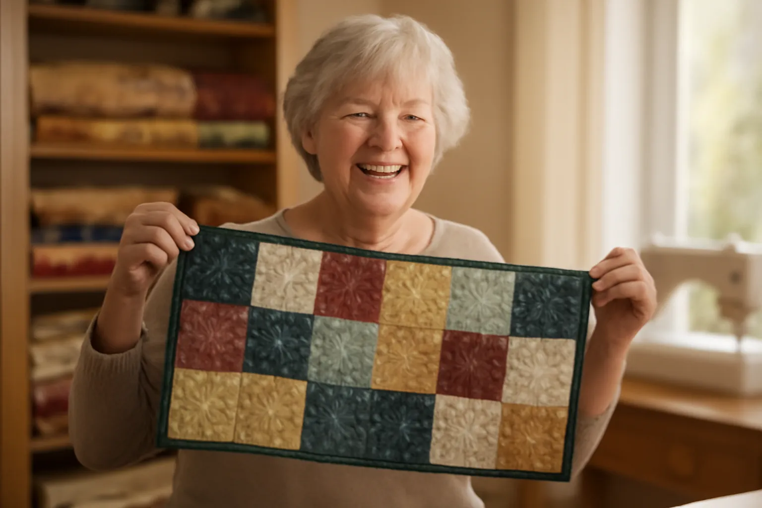 A delighted woman holding up a finished quilted table runner covered in swirling free-motion stitching