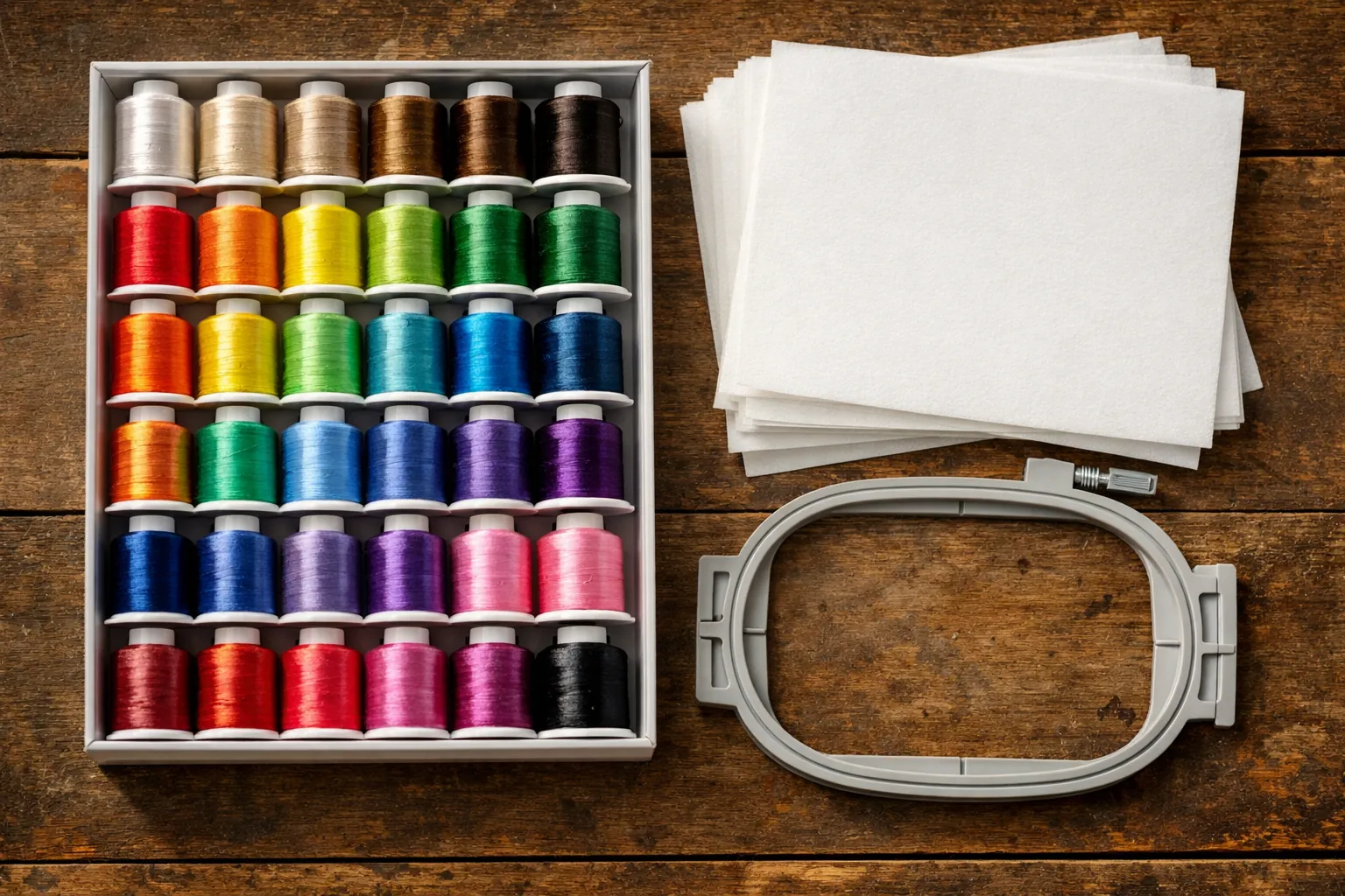 Embroidery thread spools in rainbow order with stabilizer sheets and a hoop