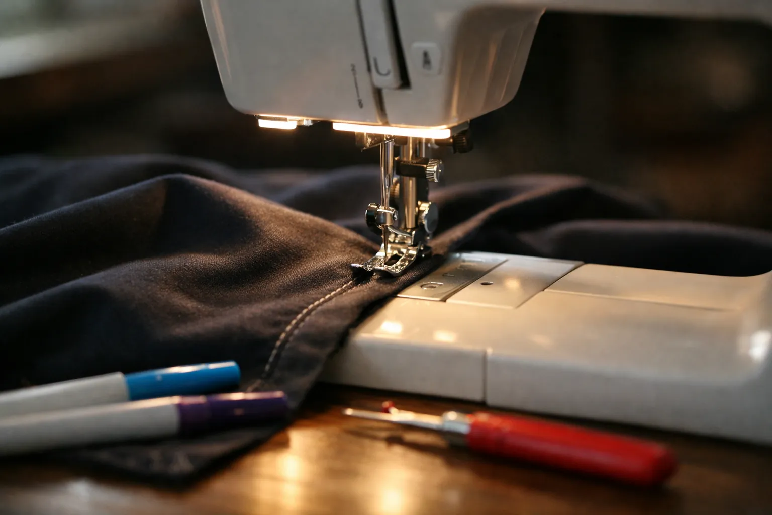 An LED light strip under the arm of a sewing machine lighting dark fabric