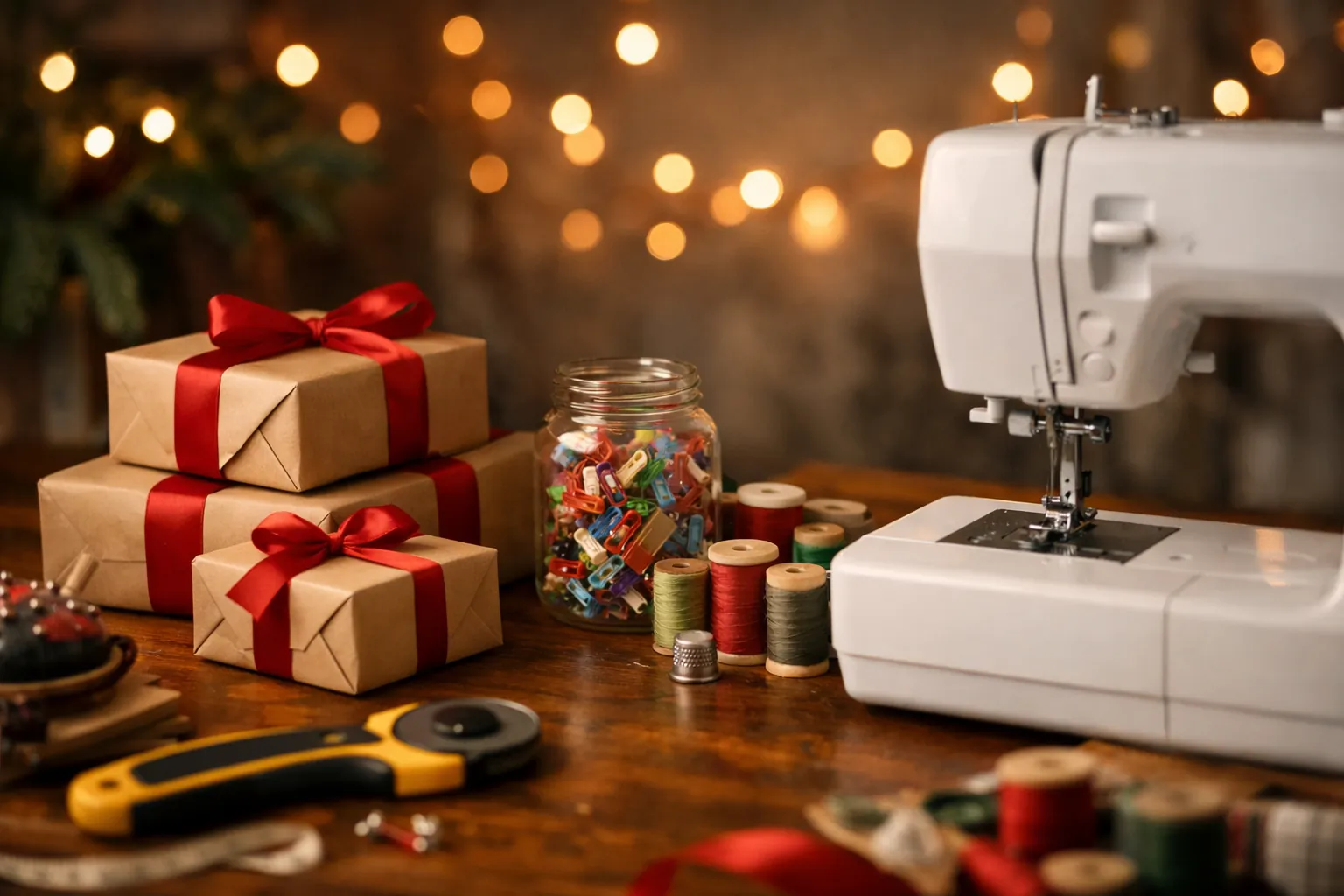 Wrapped gifts beside a sewing machine with sewing clips, thread spools and a rotary cutter on the table