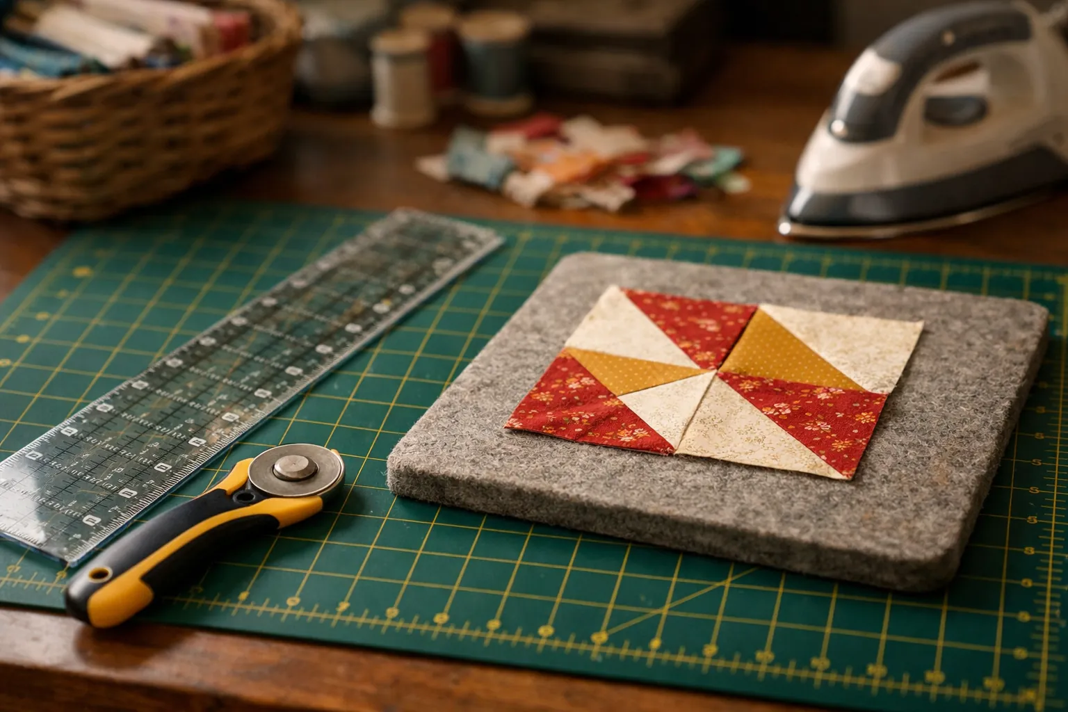 A rotary cutter, long ruler, cutting mat and small wool pressing mat