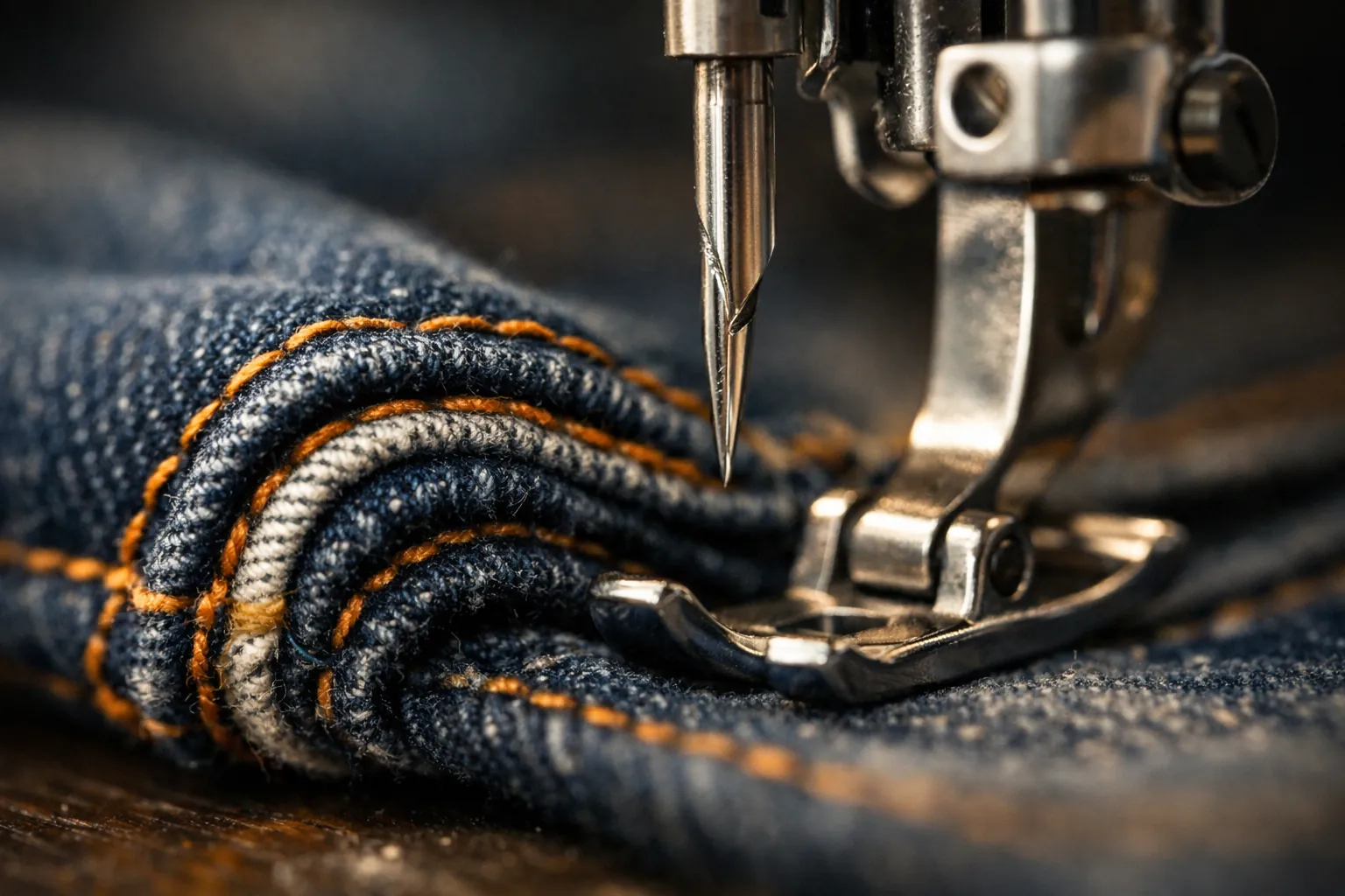 A thick jeans hem with many layers of denim under a raised presser foot