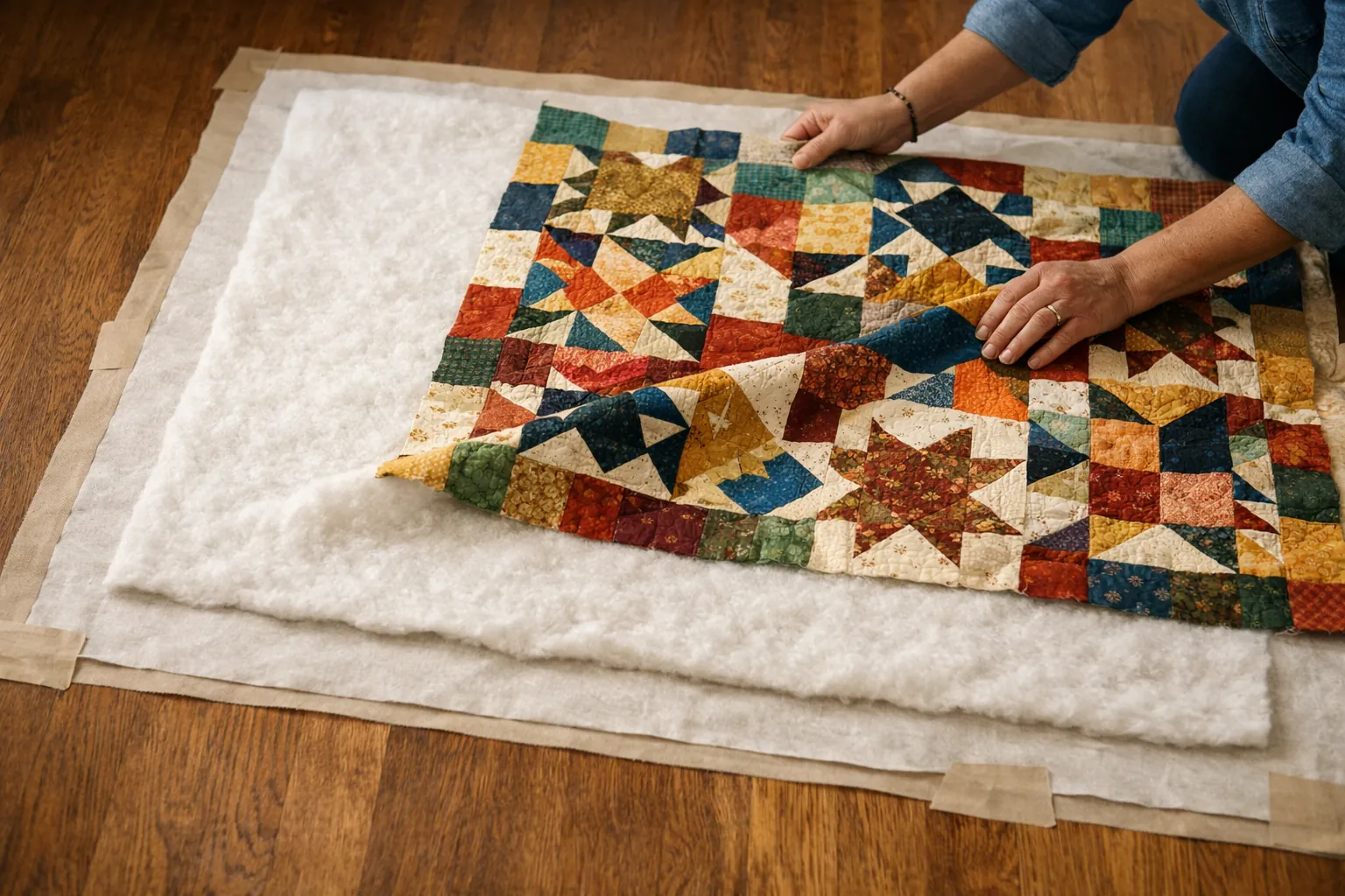 A quilt sandwich being layered: backing, batting and the quilt top