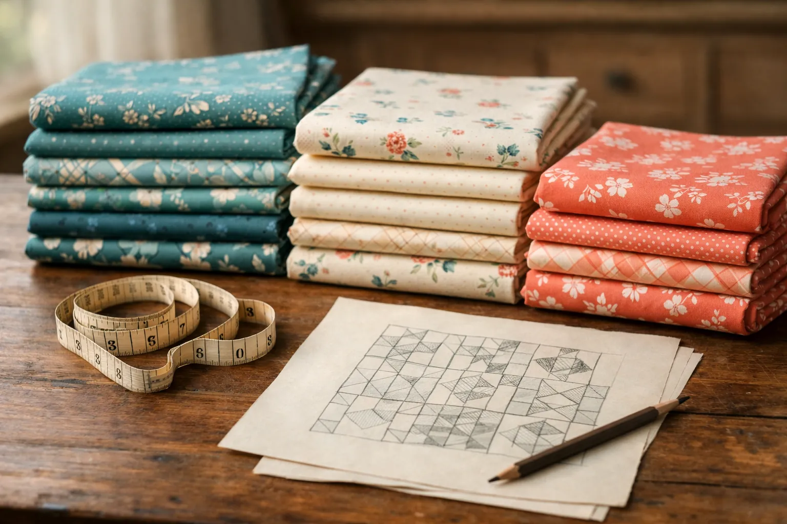 Stacks of folded quilting cotton in coordinated colors next to a measuring tape and a quilt pattern sketch
