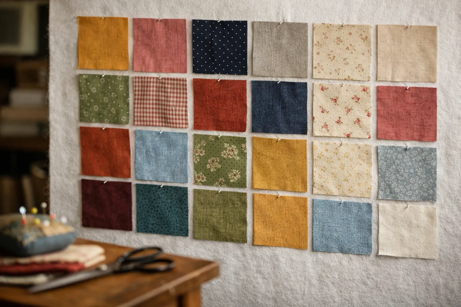 Cut fabric squares arranged in rows on a design wall