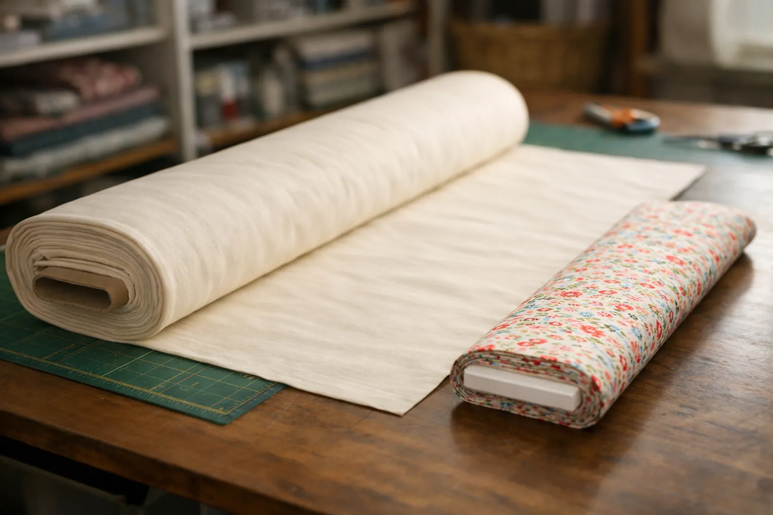 A bolt of 108 inch wide backing unrolled next to a regular bolt of quilting cotton