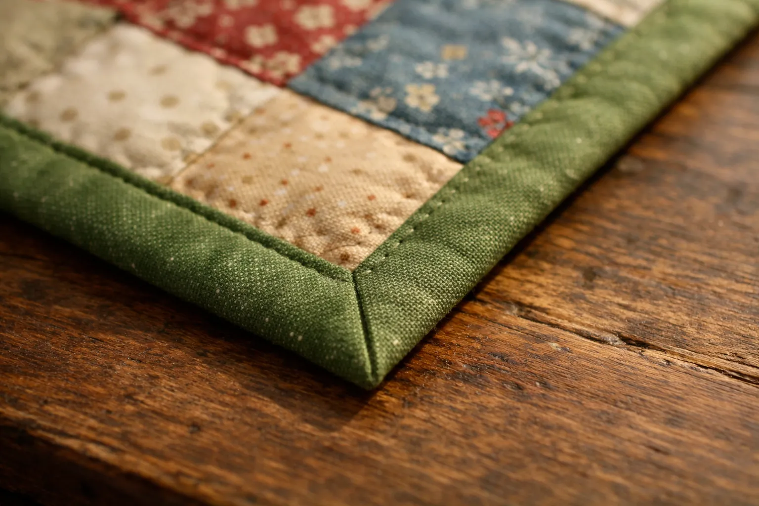 A neat mitered corner on a finished quilt binding