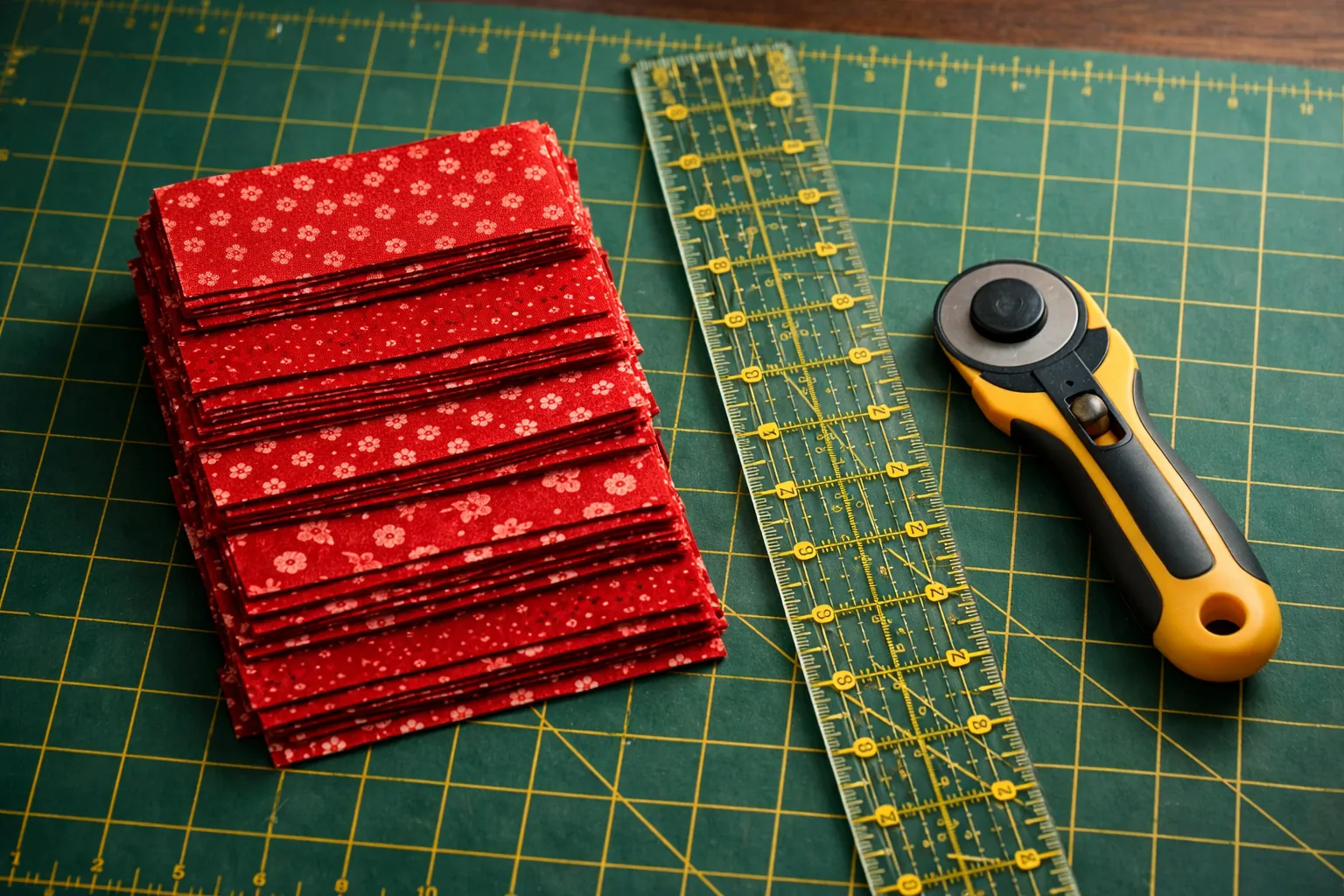 Fabric strips cut for binding on a cutting mat with a long ruler and rotary cutter