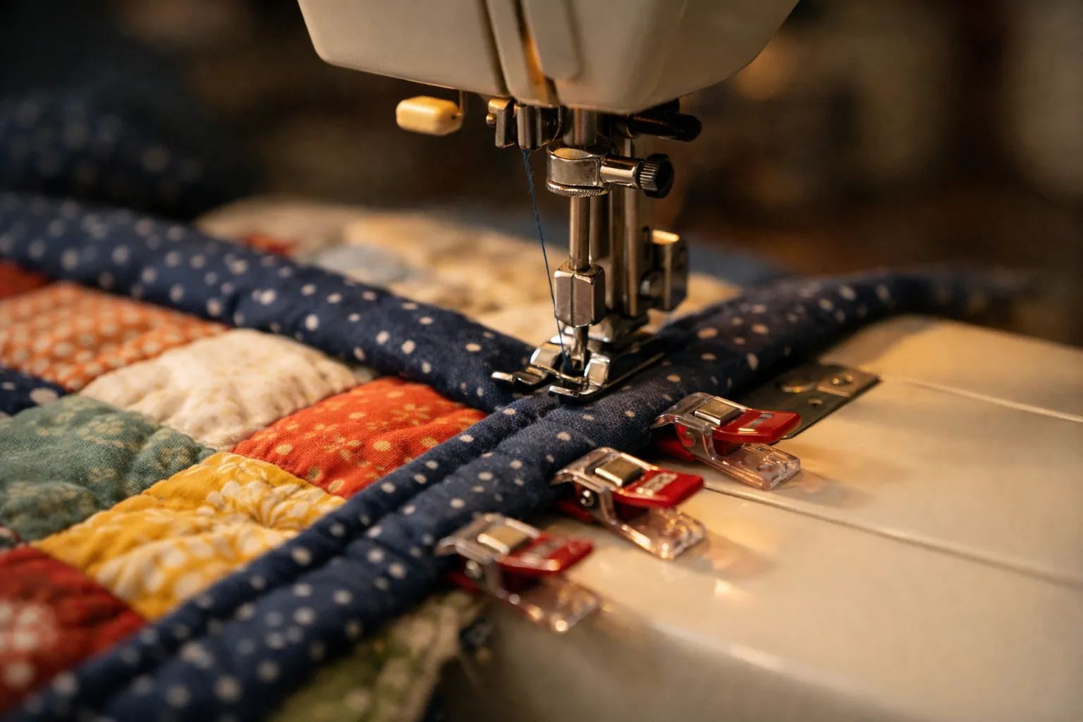 Double-fold binding being machine stitched to the edge of a patchwork quilt